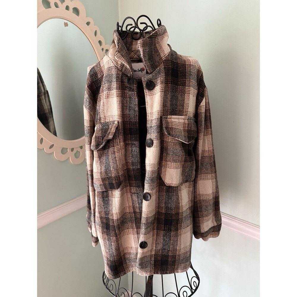 Miss‎ Selfie Plaid Shacket Jacket Button Up Front Size Large Brown